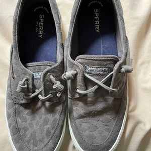 Sperry grey leopard print boat shoes